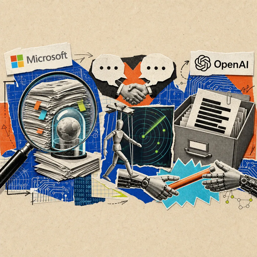 A magnifying glass over a stack of academic papers, from which a sphere trapped in a glowing dome, a puppet slipping past a radar screen, two identical speech bubbles shaking hands over a hidden cross, a filing drawer with a redacted document, and a baton passed between two robotic hands emerge.