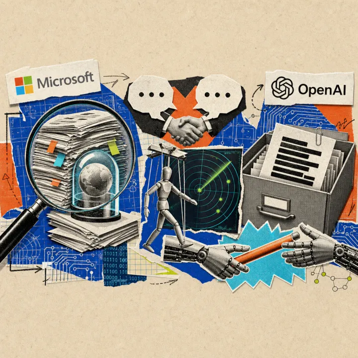 A magnifying glass over a stack of academic papers, from which a sphere trapped in a glowing dome, a puppet slipping past a radar screen, two identical speech bubbles shaking hands over a hidden cross, a filing drawer with a redacted document, and a baton passed between two robotic hands emerge.