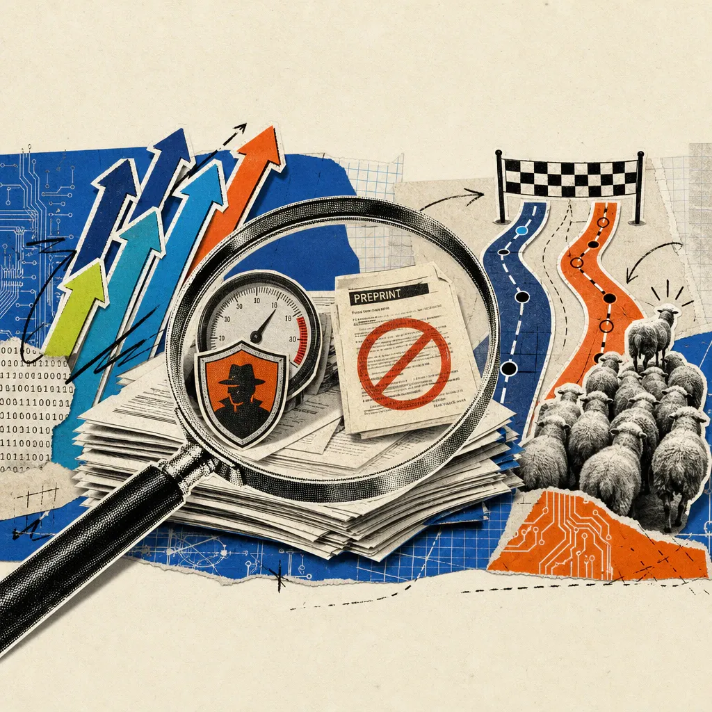 A magnifying glass hovers over a stack of technical papers, from which five symbols protrude: several aligned stock market arrows moving in lockstep, a guardian shield in front of a manipulated pointer gauge, a preprint sheet stamped 'Out of Order', two different test tracks leading to the same finish line, and a flock of sheep blindly following a single lead sheep.