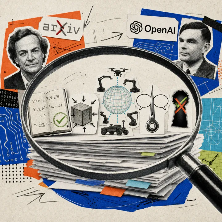 A magnifying glass hovers over a stack of academic papers, from which five symbols protrude: a math proof with a green checkmark stamp, a shrinking box with compression arrows, a grid sphere surrounded by different machine silhouettes, a measuring needle stuck between two identical speech bubbles, and a keyhole with a hidden checkmark behind a crossed-out X.