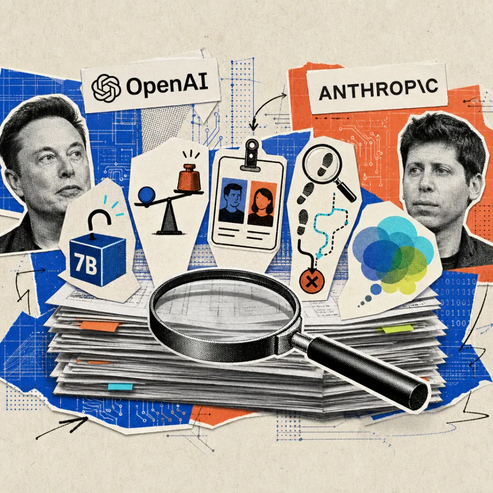 A magnifying glass hovers over a stack of research papers, from which five symbols emerge: an open padlock on a cube labeled 7B stands for an open model, a scale tips between a light and a heavy weight, an ID card shows two different faces for agent identity, a magnifying glass with footprints follows a branching line to an error symbol, and several translucent overlapping thought bubbles merge into a dense cloud