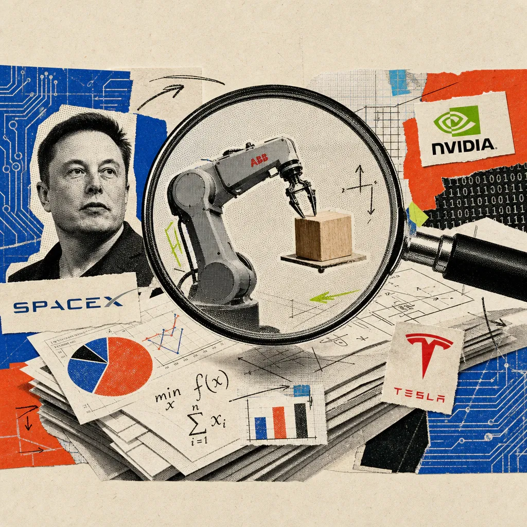 An oversized magnifying glass hovers over a stack of printed pages covered in diagrams; inside the lens, magnified, a small robotic arm balances a wooden block