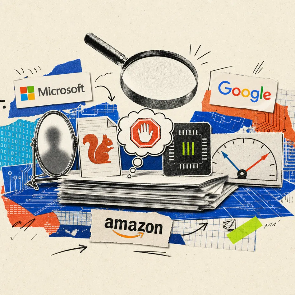 A magnifying glass hovers over a stack of academic papers, from which five symbols protrude: a mirror with a blurred, faceless silhouette, a document with a freely invented squirrel symbol, a thought bubble with a wobbly stop sign, a compressed microchip with three bit lines, and a trust display with widely spaced pointers.