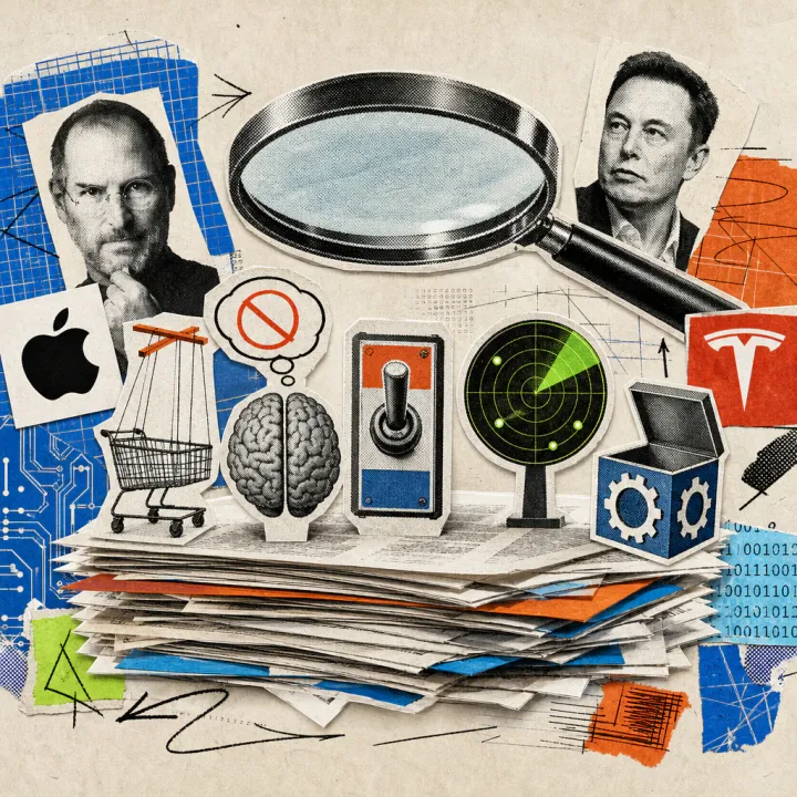 A magnifying glass over a stack of academic papers, from which a thread-controlled shopping cart, an open brain with a crossed-out thought bubble, a toggle switch, a radar screen, and a building block cube with gear pattern protrude