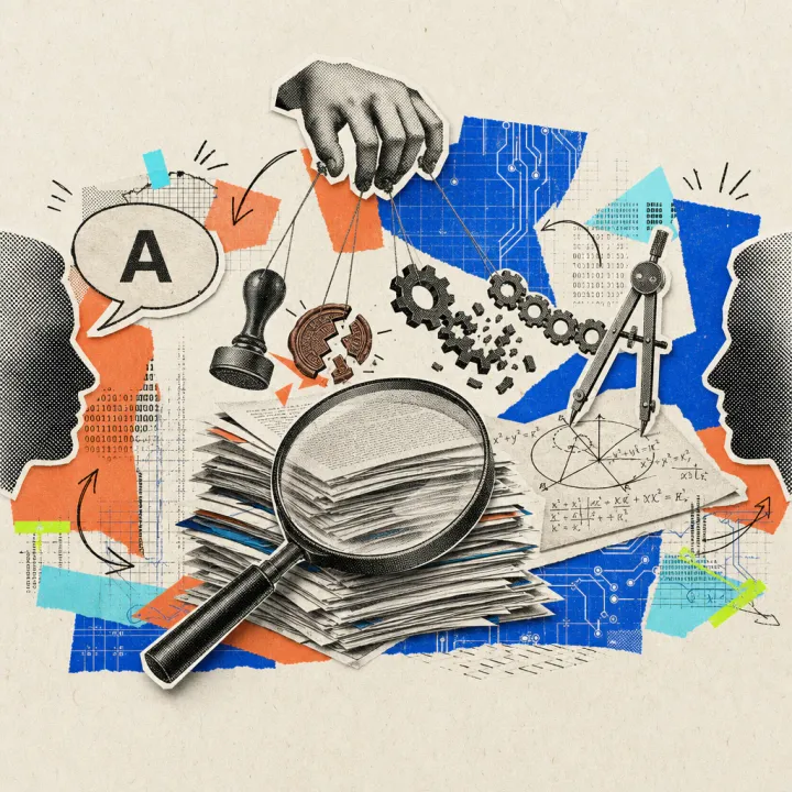 A magnifying glass over a stack of academic papers, from which a hand guided by threads with a contract stamp, a broken grading stamp, a collapsing gear chain, a compass over mathematical formulas, and a speech bubble with a single letter between two head silhouettes protrude.