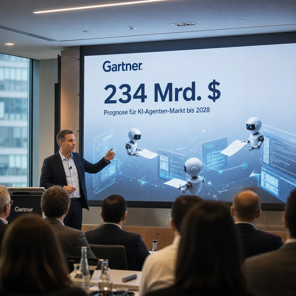 Photorealistic depiction: a presenter points at a slide with the Gartner logo and "$234B" while robot-like software agents pass documents between glowing screens.
