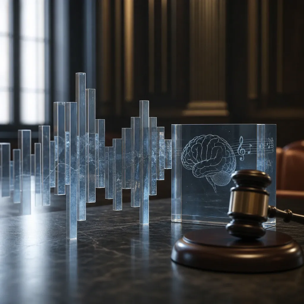 Abstract geometric illustration of a gavel and stylized sound waves made of glass and marble, symbolizing a legal dispute over AI-generated music