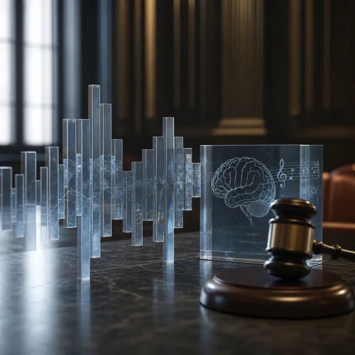 Abstrakte geometrische Illustration eines Richterhammers und stilisierter Schallwellen aus Glas und Marmor als Sinnbild für einen Rechtsstreit um KI-generierte Musik