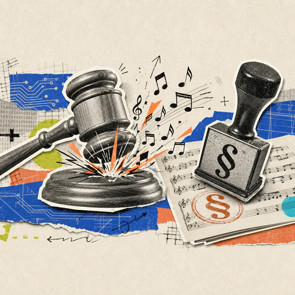 A judge's gavel strikes its block as music notes scatter like sparks; next to it a large stamp presses a section sign onto sheet music