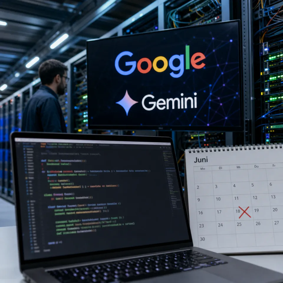 Gemini-Logo auf einem Bildschirm in einem Google-Rechenzentrum, im Vordergrund Programmcode und ein Kalenderblatt mit durchgestrichenem Juni-Termin