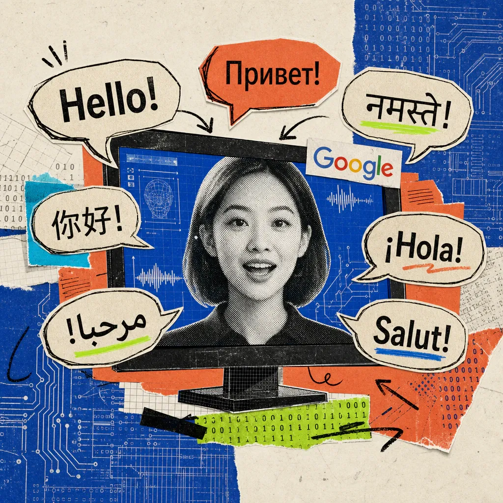 A screen shows a smiling AI video avatar with moving lips, surrounded by speech bubbles in different writing systems, with a Google logo sticker on the screen bezel