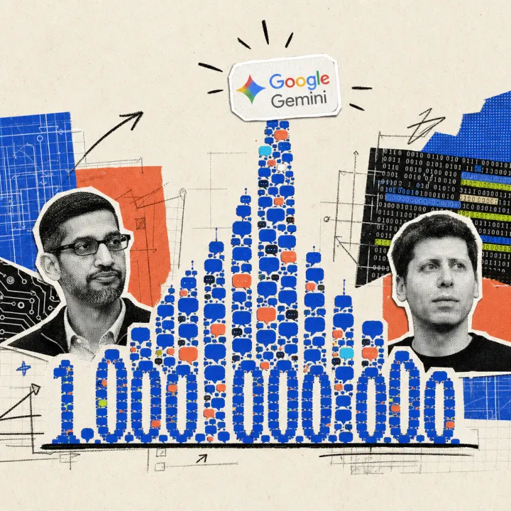 A tower made of countless speech-bubble icons rises to form the number 1,000,000,000, topped by the logo of the Google app Gemini.