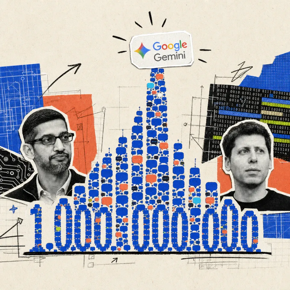 Ein Turm aus unzähligen Sprechblasen-Symbolen wächst zur Ziffernfolge 1.000.000.000 empor, gekrönt vom Logo der Google-App Gemini.