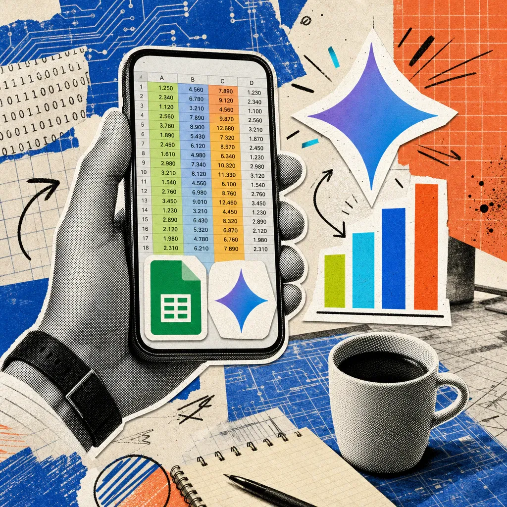 A hand in an office holds a smartphone showing an open Google Sheets table, next to a sparkling Gemini icon that turns into a bar chart