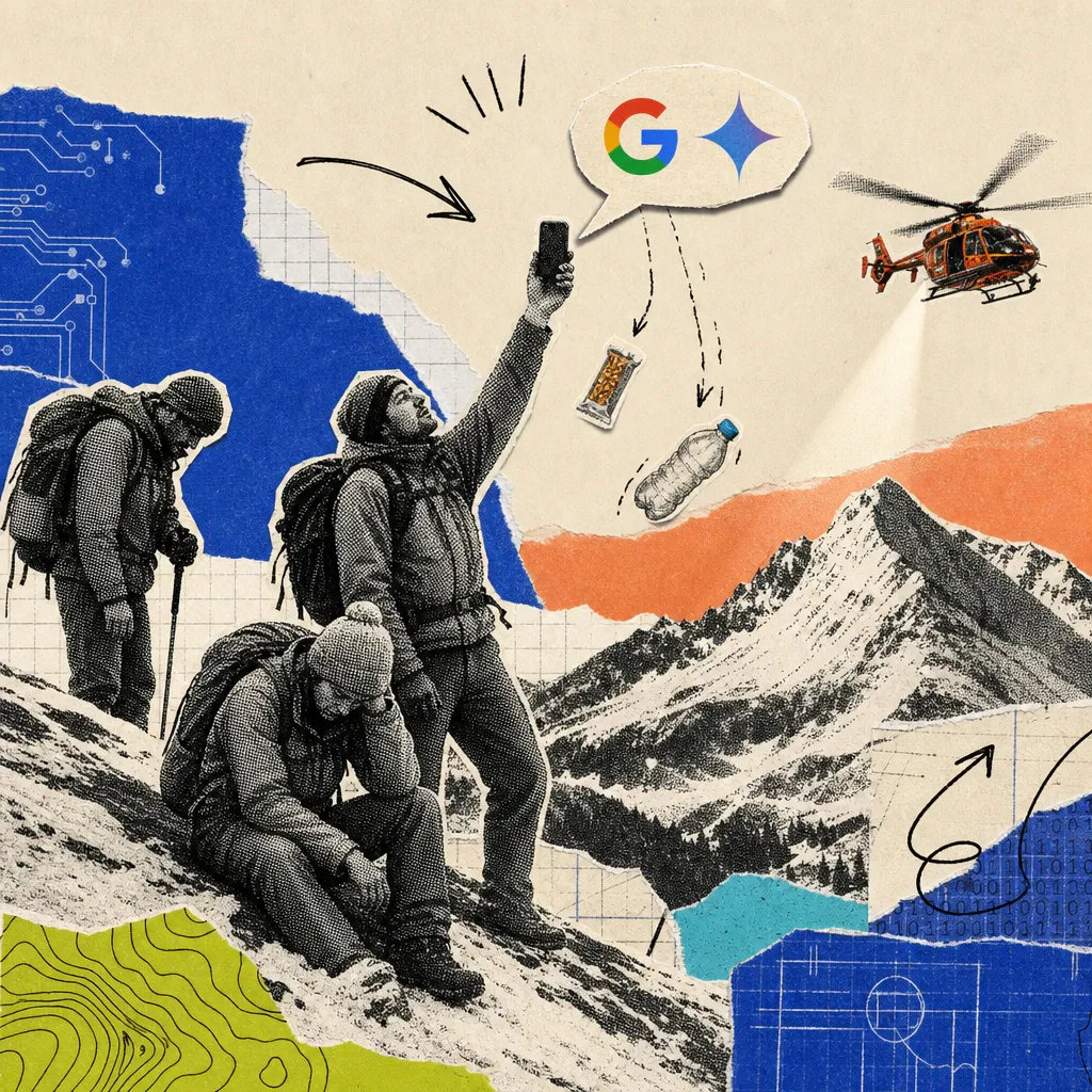 Drei erschöpfte Wanderer auf einem schneebedeckten Berghang bei Dämmerung, einer hält ein Smartphone mit einer Chat-Sprechblase des Google-Gemini-Logos hoch, aus der ein kleiner Proviantriegel und eine fast leere Wasserflasche fallen, im Hintergrund kreist ein Rettungshubschrauber über dem Gipfel.