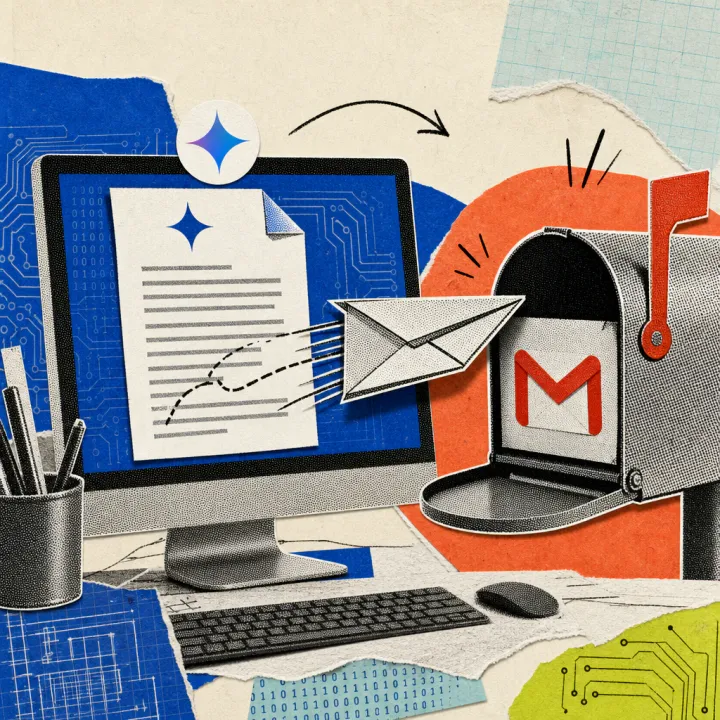 A paper airplane shaped like an envelope, marked with a small Gemini star icon, flies out of a document on a screen straight into an open email inbox icon beside it.