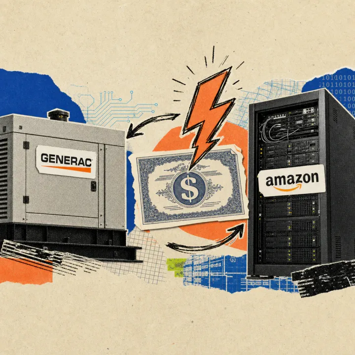 Ein Notstromgenerator mit Generac-Logo-Sticker steht neben einem Server-Rack mit Amazon-Logo-Sticker, darüber schwebt eine gezeichnete Aktienurkunde mit Dollarzeichen, verbunden durch ein Blitzsymbol