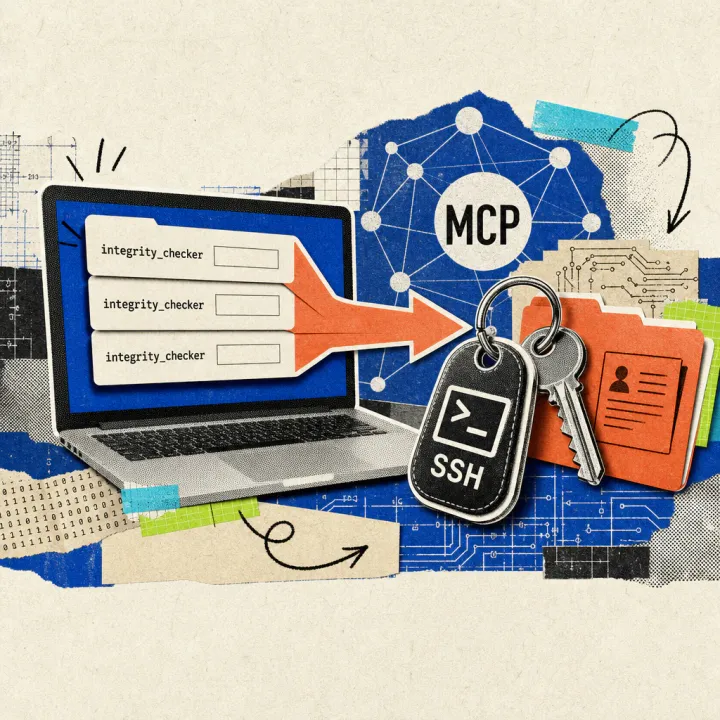 On a laptop screen, three empty form cards labeled integrity_checker merge into an arrow reaching for a keychain with an SSH key icon and a customer file folder.