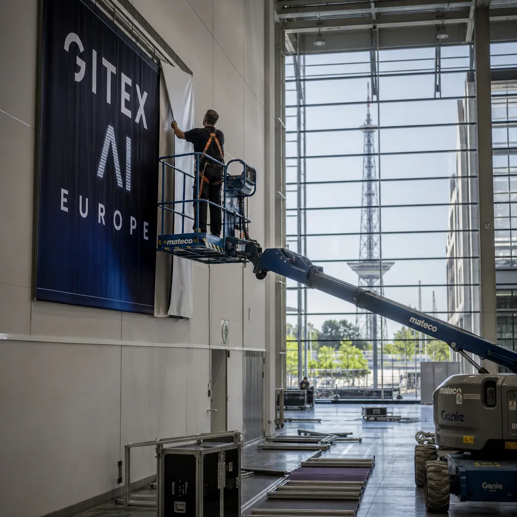 Photorealistic depiction: in an empty Berlin exhibition hall, a technician on a lift removes a banner reading "GITEX AI Europe"; the Berlin radio tower is visible in the background.