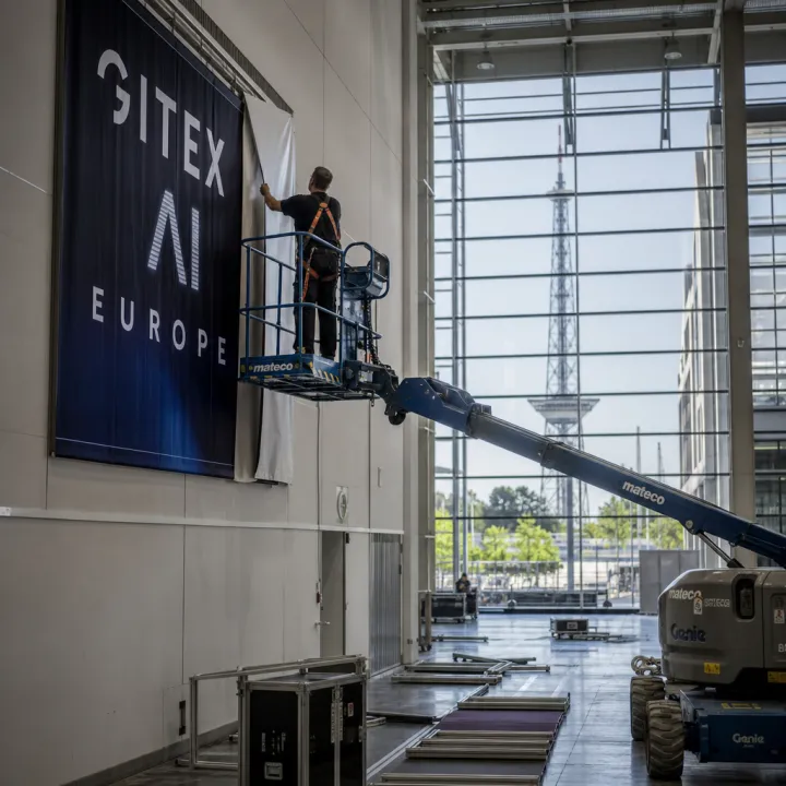 Fotorealistische Darstellung: In einer leeren Berliner Messehalle nimmt ein Techniker auf einer Hebebühne ein Banner mit der Aufschrift „GITEX AI Europe“ ab; im Hintergrund der Berliner Funkturm.
