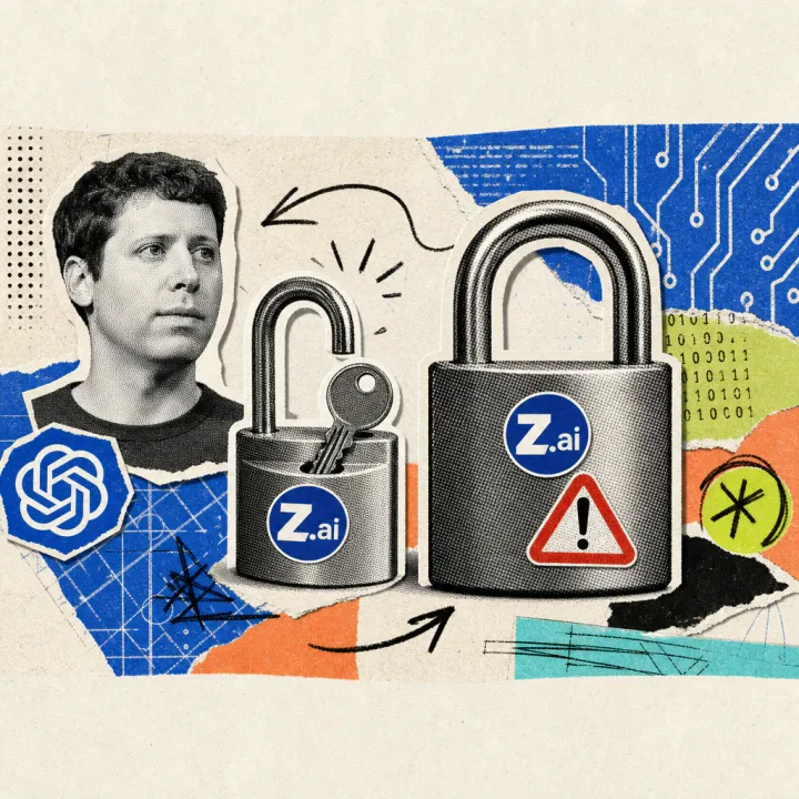 Ein kleines Vorhängeschloss mit Z.ai-Logo-Sticker steht offen, während ein größeres Schloss daneben mit einem roten Warnsymbol verschlossen bleibt.