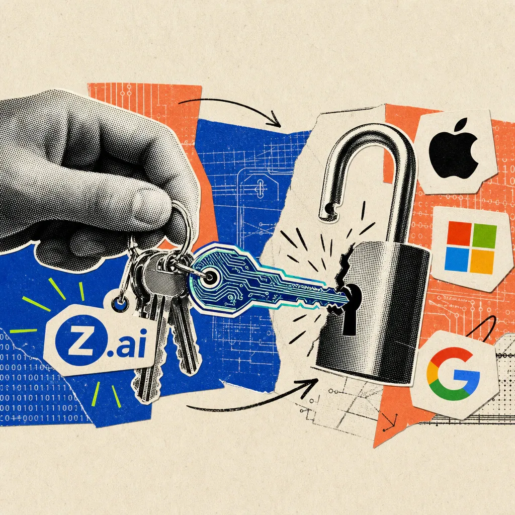 A hand holds back a keychain with a Z.ai logo sticker, while one key turns into a digital lockpick breaking open a padlock.