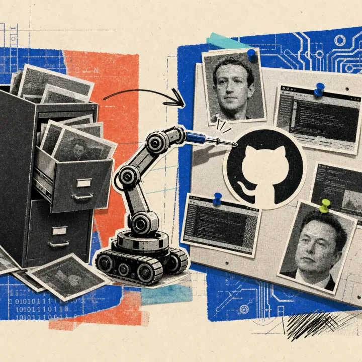 A robotic arm pins rasterized photo screenshots to a public bulletin board with the GitHub logo, while a broken-open filing cabinet spills more photos in the background.