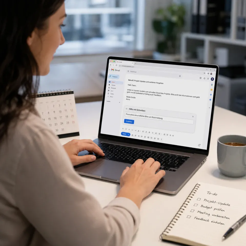Eine Angestellte tippt am Laptop eine eigene Textanweisung in Gmails Schreibhilfe „Hilf mir schreiben“, im Hintergrund liegen Kalender und Notizen auf dem Schreibtisch.