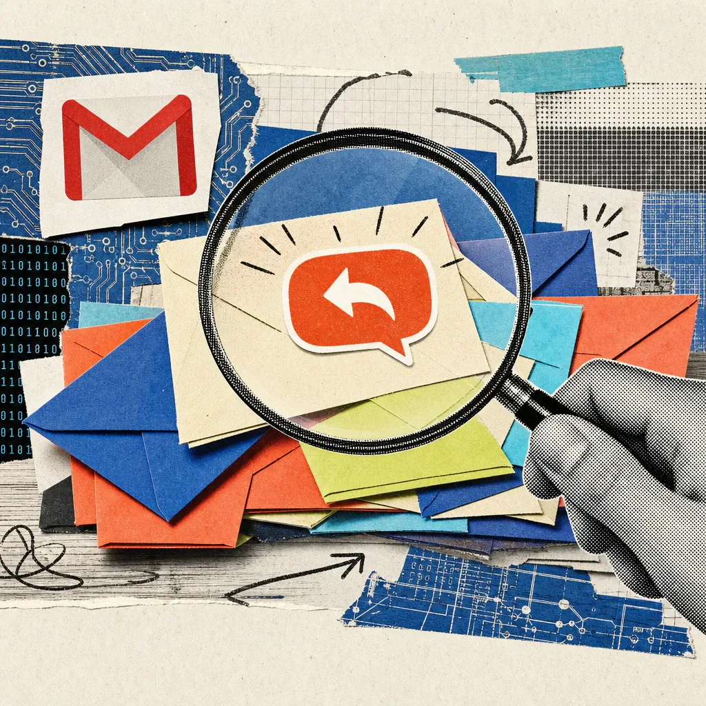 A magnifying glass lifts a glowing answer speech bubble out of a stack of colorful envelopes, next to a sticker with the red Gmail logo.