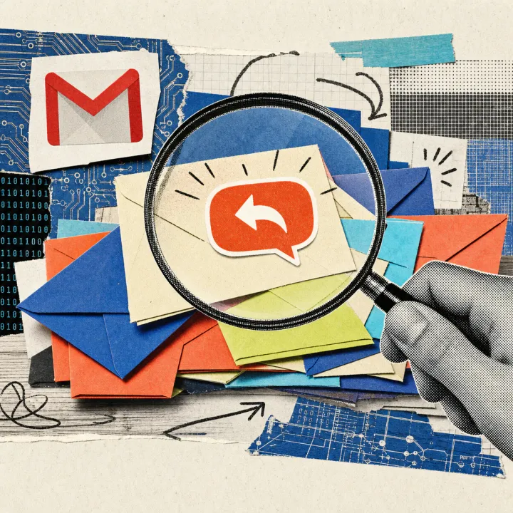 A magnifying glass lifts a glowing answer speech bubble out of a stack of colorful envelopes, next to a sticker with the red Gmail logo.