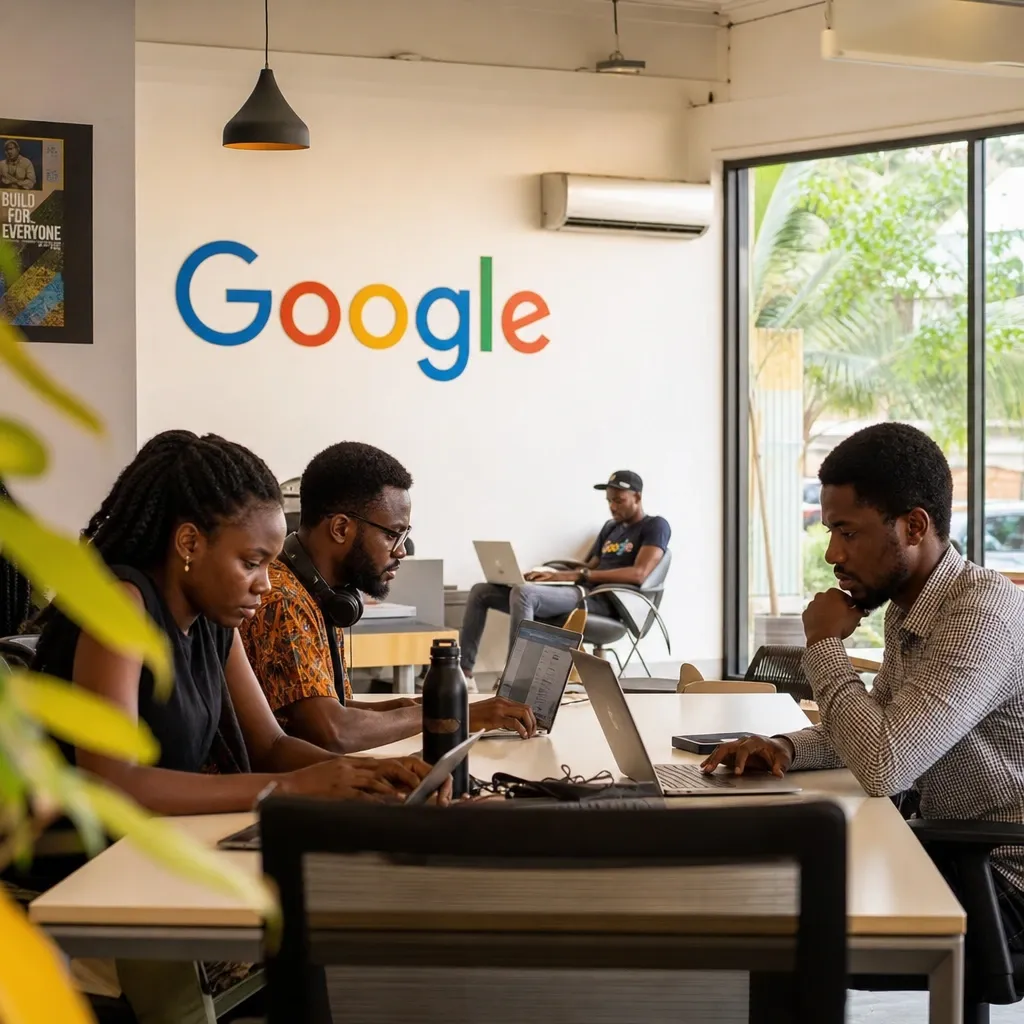 Young founders working on laptops in a modern coworking space in Accra, Google logo on the wall.