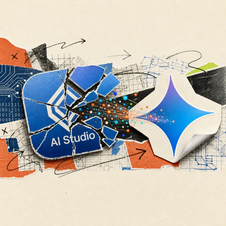 A cracked smartphone app icon labeled AI Studio next to a glossy Gemini star sticker, with colorful light dots flowing from the broken icon into it