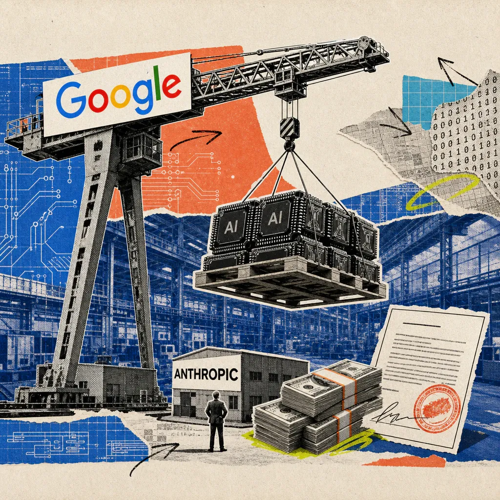 Ein Kran mit dem Google-Logo hebt eine Palette voller KI-Chips über eine Fabrikhalle, darunter steht ein Gebäude mit dem Anthropic-Logo neben Geldbündeln und einem gestempelten Vertrag