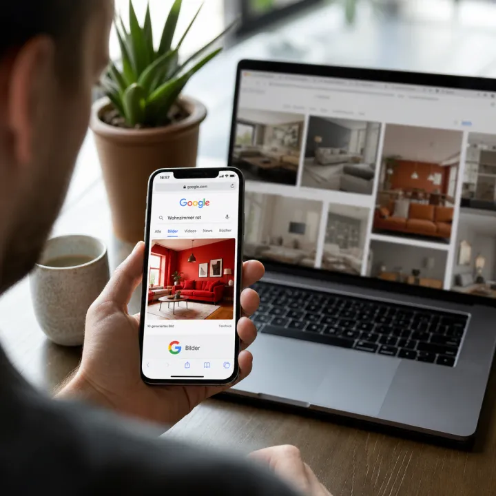 Smartphone screen shows an AI-generated image of a red-painted living room in Google Search next to the Google Images logo