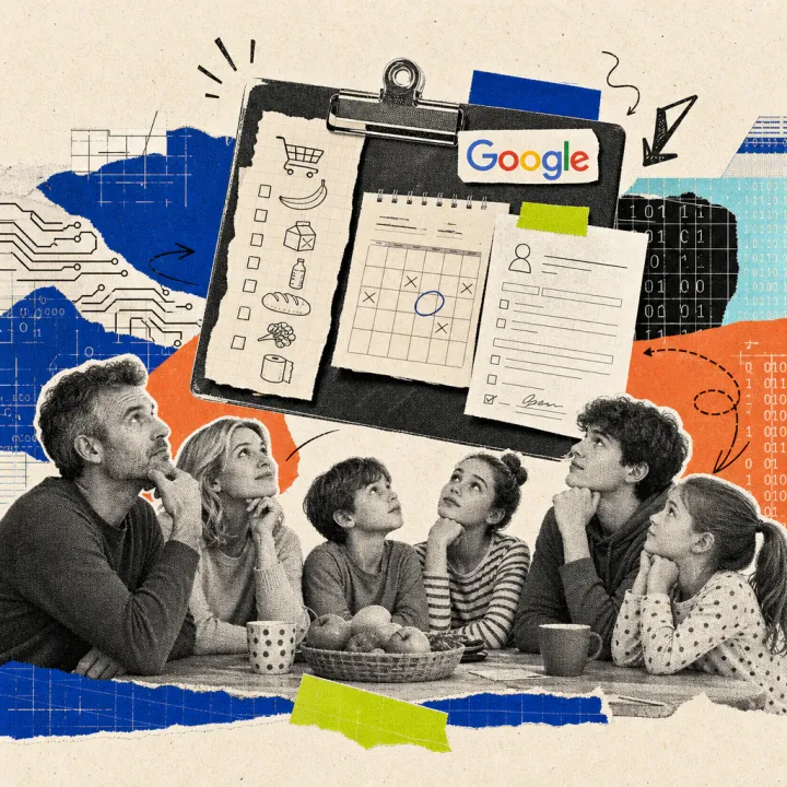 A family stands at the kitchen table under a floating clipboard with a shopping list, calendar page, registration form, and a Google logo sticker.
