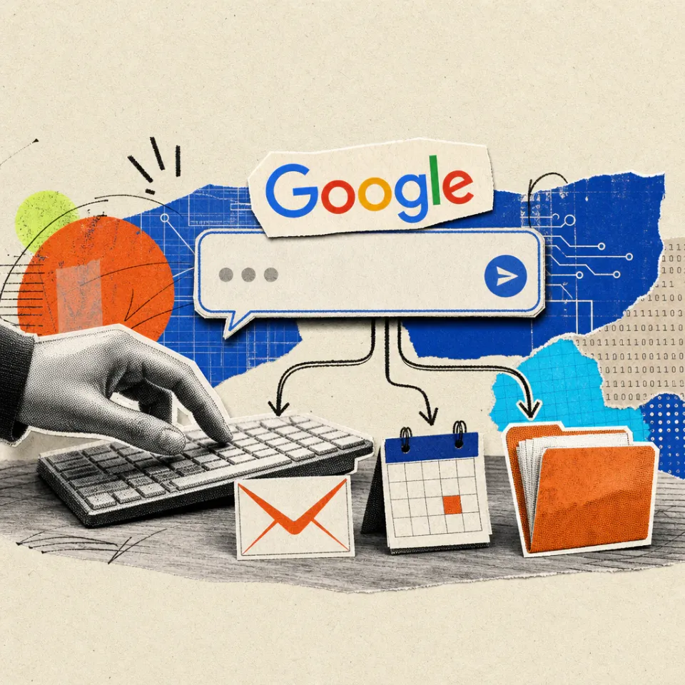 Eine Hand tippt auf einer Schreibtisch-Tastatur in ein schwebendes Chat-Eingabefeld mit Google-Logo-Sticker, von dem Linien zu einem E-Mail-Symbol, einem Kalenderblatt und einem Aktenordner führen.