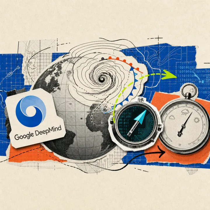 Ein Wirbelsturm-Symbol aus Wetterkarten-Linien über einer Weltkugel, daneben ein Google-DeepMind-Logo-Sticker und ein digitaler Kompass-Pfeil, der einen Tag weiter in die Zukunft zeigt als eine klassische Barometer-Nadel