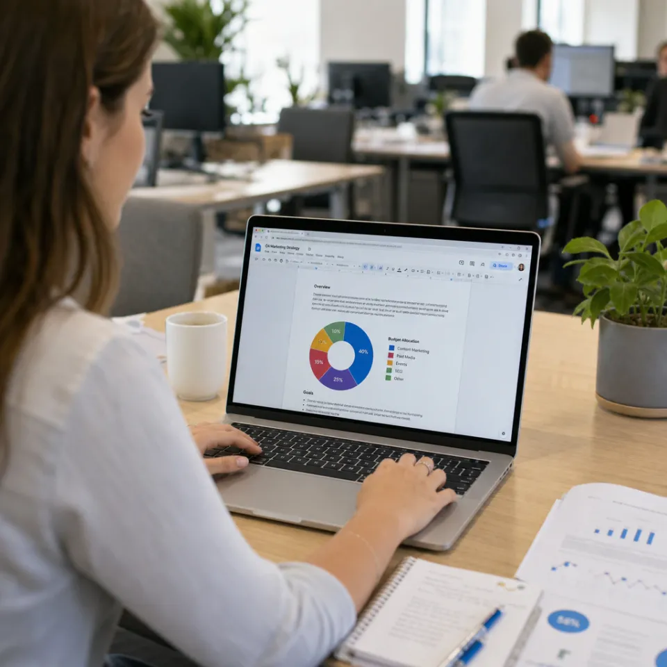 Büroangestellte am Laptop mit einem Google-Docs-Dokument, in das gerade eine bunte Infografik eingefügt wurde