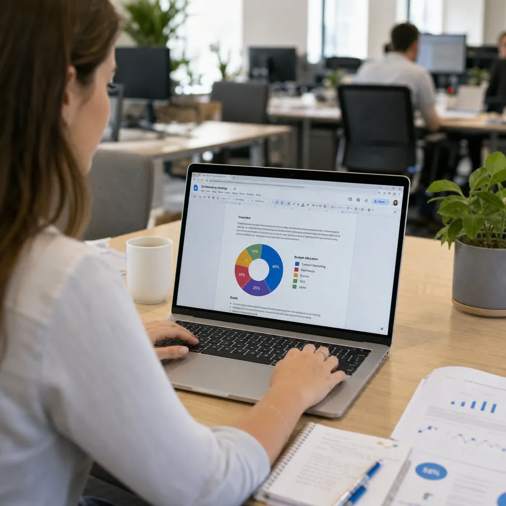 Office worker at a laptop with a Google Docs document into which a colorful infographic has just been inserted