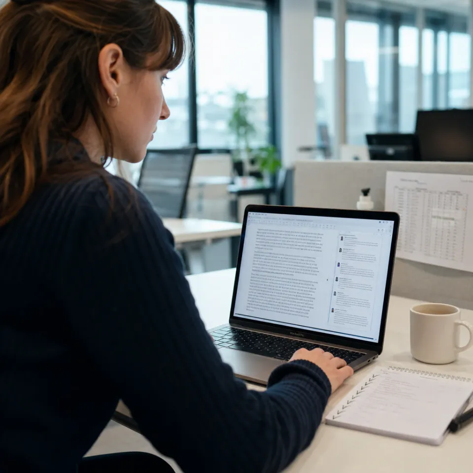 Schreibtisch mit Laptop, auf dessen Bildschirm ein Textdokument mit mehreren Kommentar-Sprechblasen am rechten Rand zu sehen ist, daneben ein Notizblock und eine Kaffeetasse in einem hellen Büro
