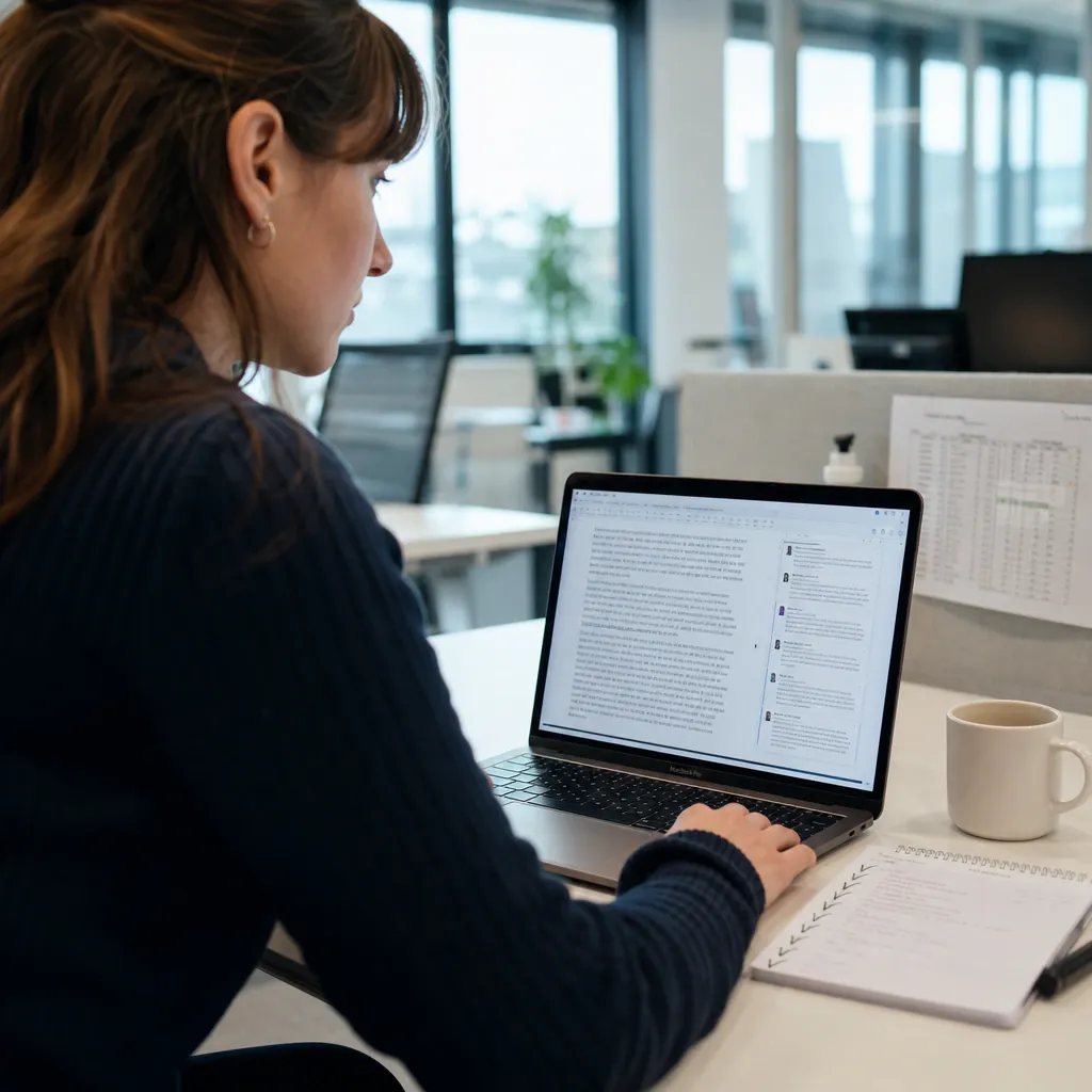 Desk with a laptop showing a text document with several comment speech bubbles along the right edge, next to a notepad and a cup of coffee in a bright office