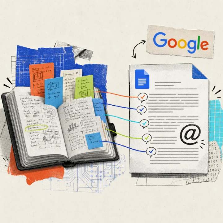 Ein aufgeschlagenes Notizbuch mit bunten Lesezeichen, von dem gezeichnete Linien zu einem Google-Docs-Dokument mit einem @-Zeichen und Häkchen-Sprechblasen führen