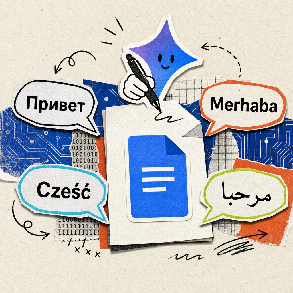 Ein Dokument-Symbol mit aufgeklebtem Google-Docs-Logo, umgeben von Sprechblasen mit kyrillischer, türkischer, polnischer und arabischer Schrift, darüber ein Gemini-Stern-Sticker mit einem Stift