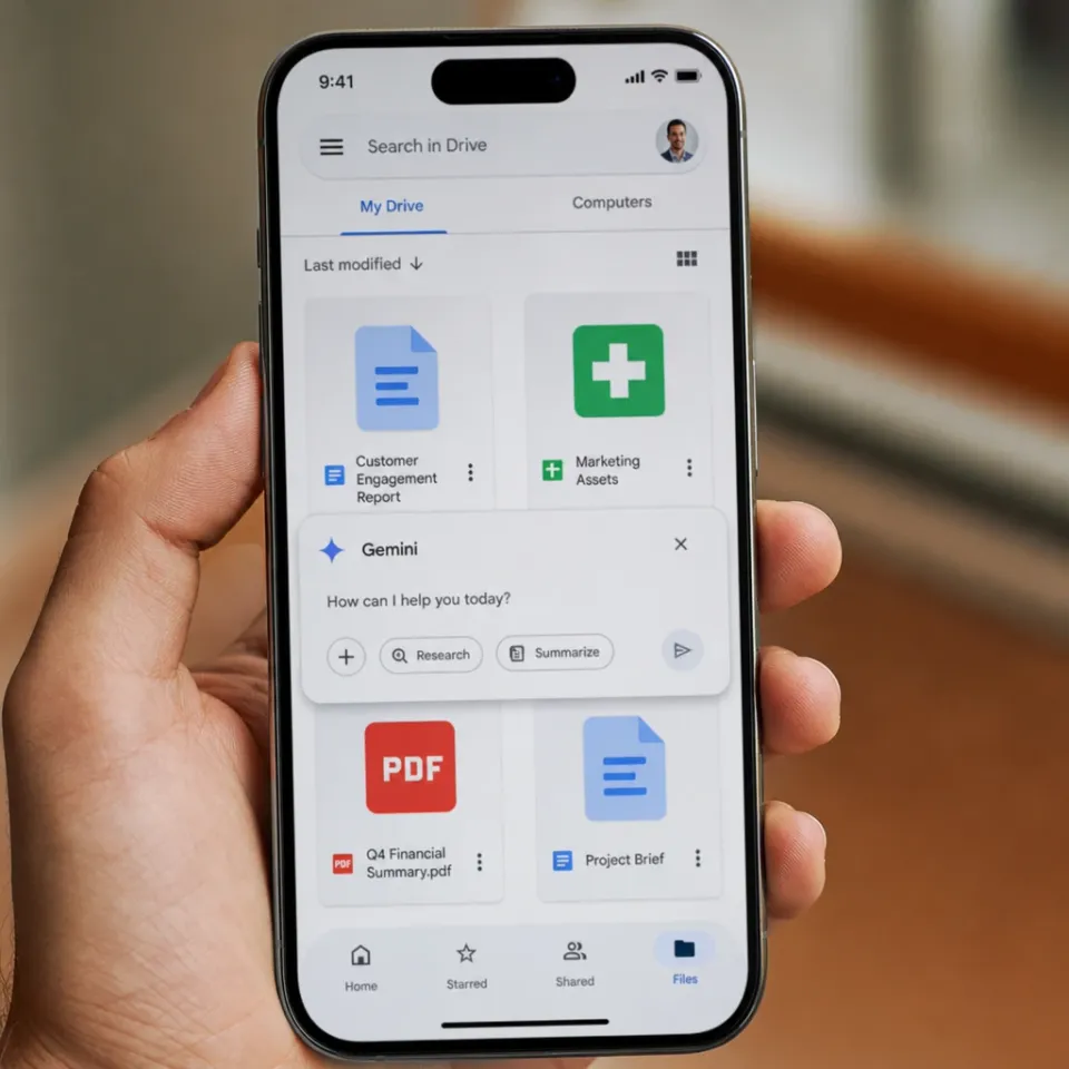 Smartphone showing the Google Drive app with a Gemini answer panel above document icons.