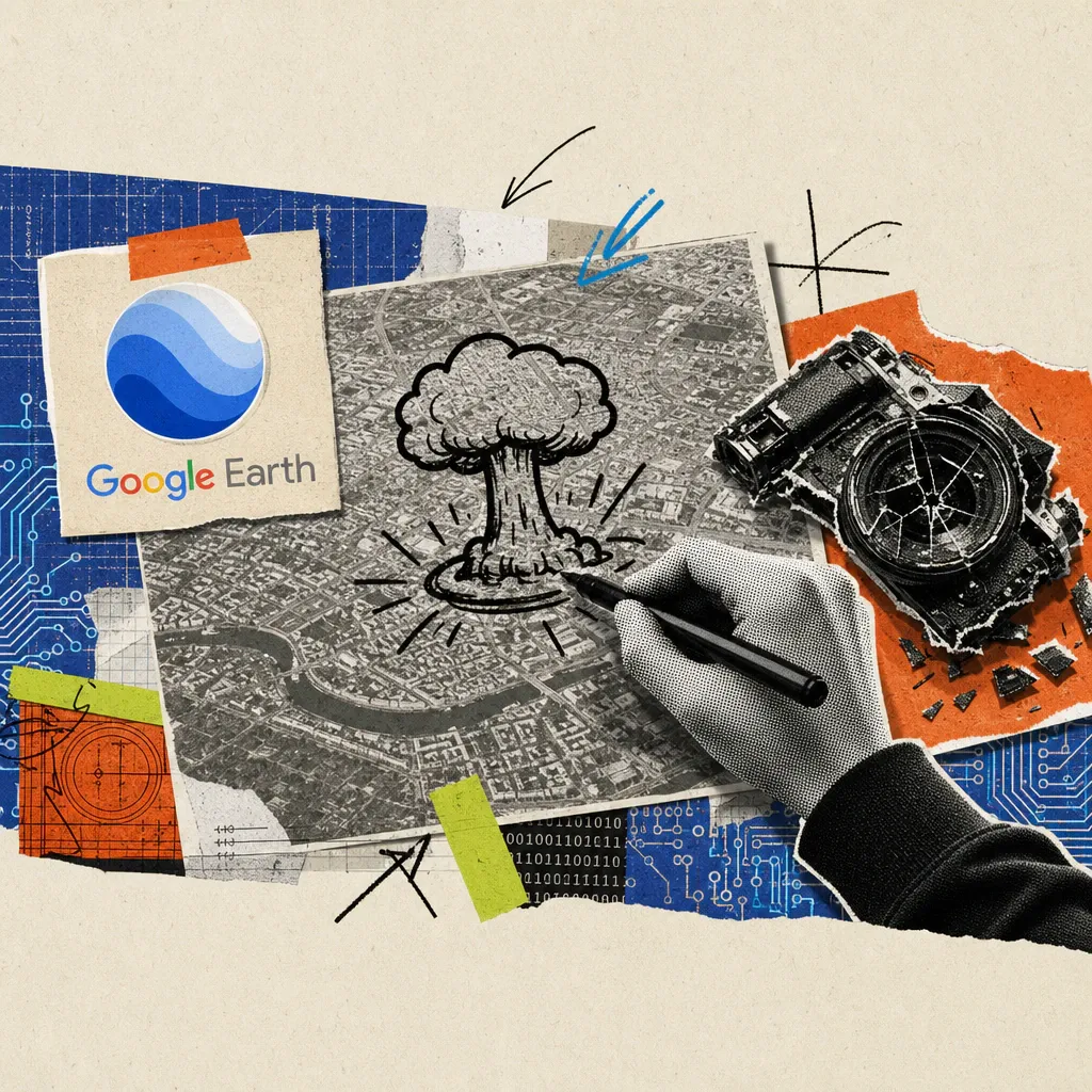 Eine Hand zeichnet mit einem Marker eine Explosionswolke auf ein Luftbild einer Stadt; daneben eine zerbrochene Kamera und ein Sticker mit dem Google-Earth-Logo