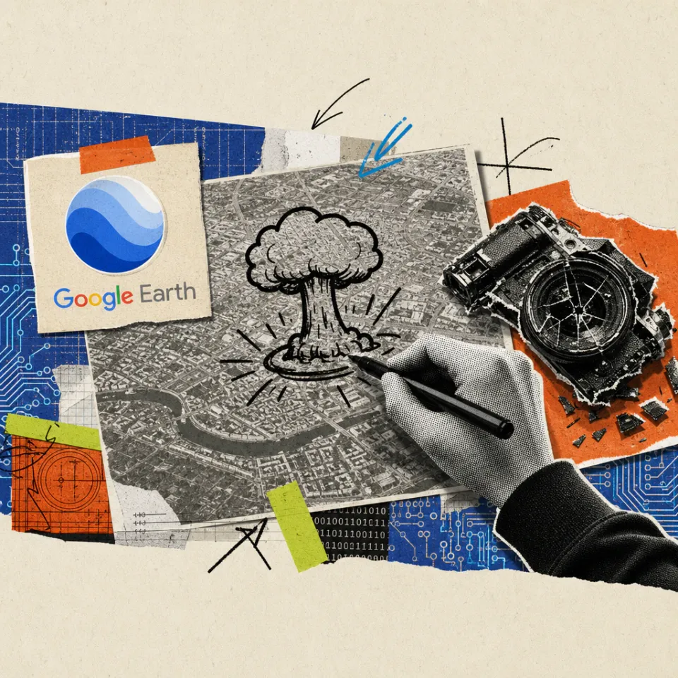 Eine Hand zeichnet mit einem Marker eine Explosionswolke auf ein Luftbild einer Stadt; daneben eine zerbrochene Kamera und ein Sticker mit dem Google-Earth-Logo