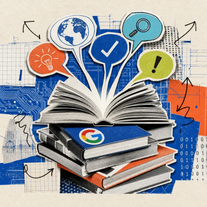 Ein Stapel aufgeschlagener Bücher mit leuchtenden Sprechblasen über den Seiten, auf dem obersten Buchdeckel klebt ein Google-Logo-Sticker.