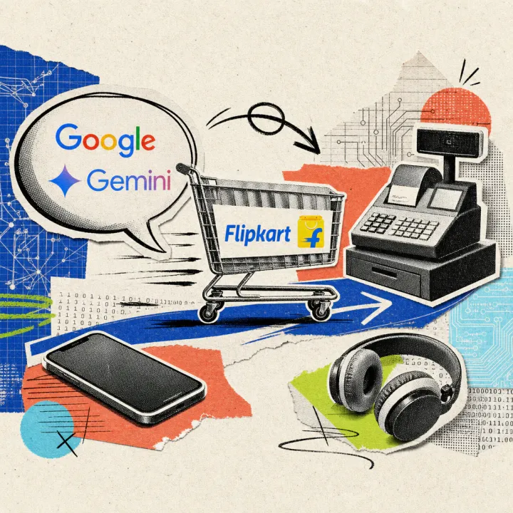 A shopping cart with the Flipkart logo rolls out of a chat speech bubble with the Gemini logo directly towards a cash register, surrounded by a smartphone and headphones.