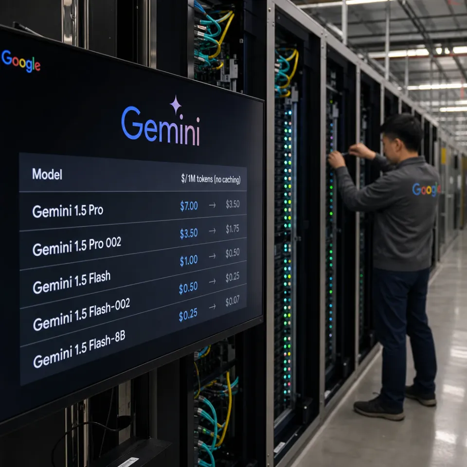 Serverreihen in einem Google-Rechenzentrum mit einem Monitor, der das Gemini-Logo und eine Preistabelle zeigt, Symbolbild für den Start von Gemini 3.6 Flash und 3.5 Flash-Lite