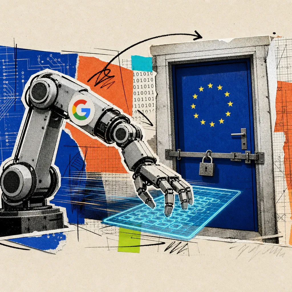 Ein Roboterarm mit aufgeklebtem Google-Logo tippt Code auf einer Tastatur, davor bleibt eine Tür mit blauem EU-Sternenkreis-Symbol verschlossen.
